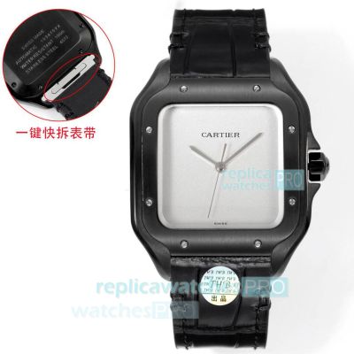 THB Swiss Copy Cartier Santos Silver Dial Black Steel Leather Strap Watch 